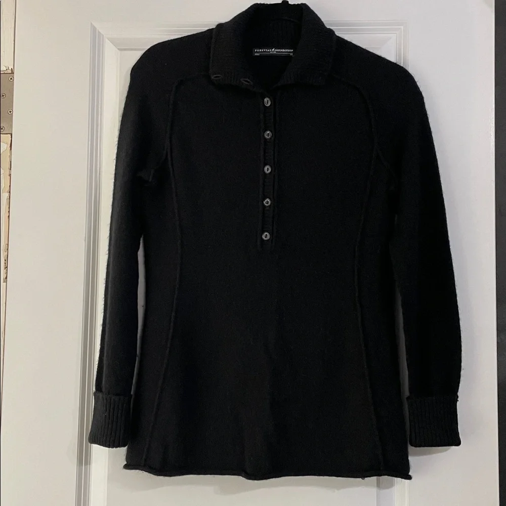 PERUVIAN CONNECTION Black Brimfield Henley Sweater Size XS 100% Royal Alpaca